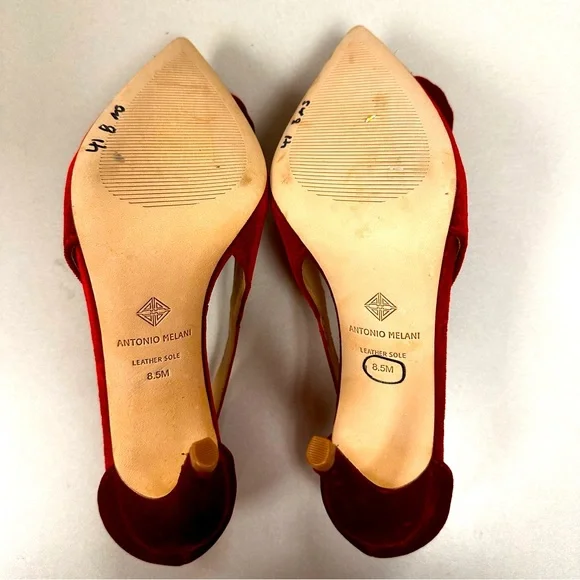 COPY - ANTONIO MELANI  Red Suede Satin Fabric Rosette Pointed Toe Heels Size 8.… - Picture 6 of 8